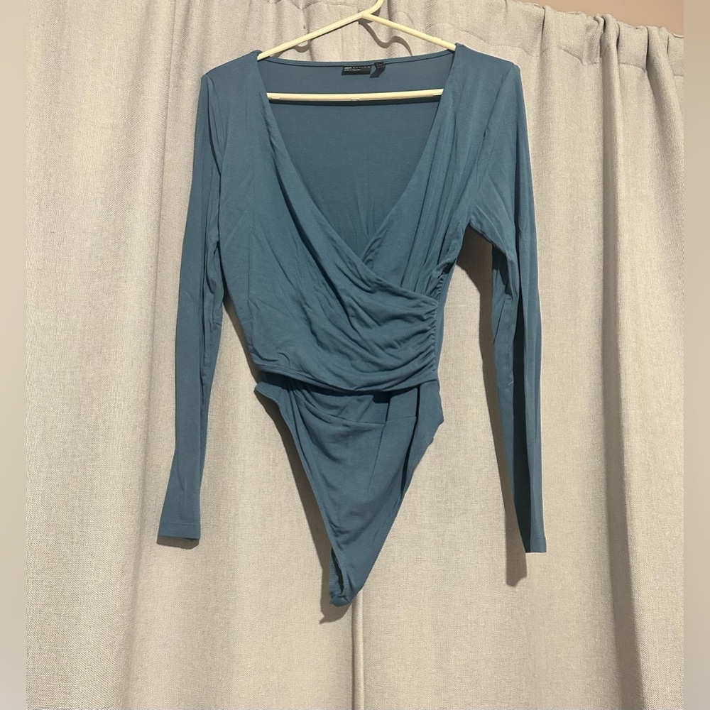 ASOS DESIGN wrap long sleeve bodysuit in slate blue size US 6